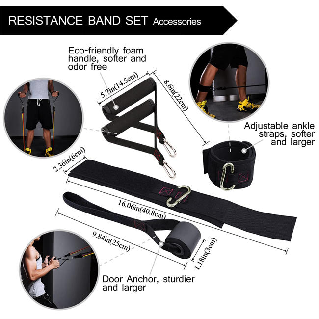  Exercise Resistance Bands with Handles - 5 Fitness Workout Bands Stackable up to 110 / 150 lbs, Training Tubes with Large Handles, Ankle Straps, Door Anchor Attachment, Carry Bag